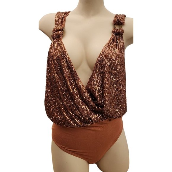 Free People Metallic Sequin Brown Rust Bodysuit NWOT Large - Picture 1 of 4